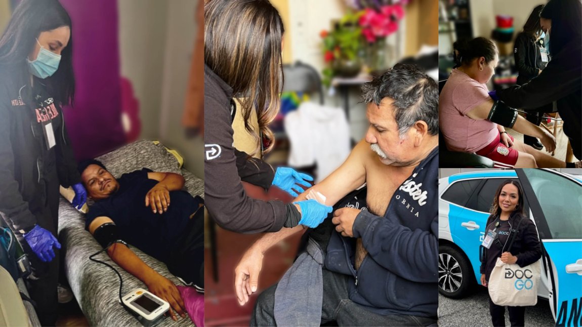 Images of a nurse in someone's home administering medicine